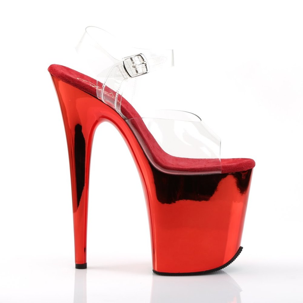 Pleaser Flamingo 808 Red Chrome 8" Heel, 4" Platform Ankle Strap Sandal - Picture 2 of 5